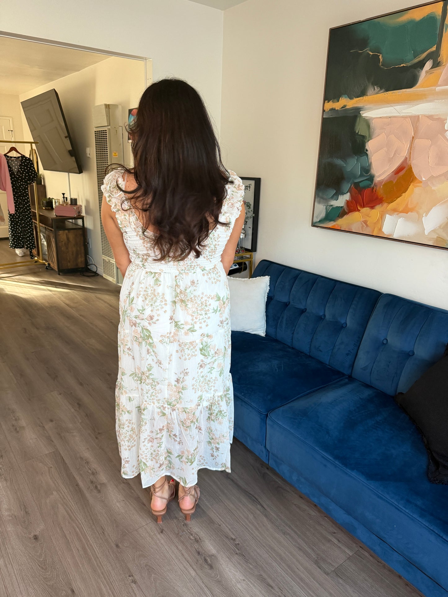 Cream Floral Smocked Maxi Dress