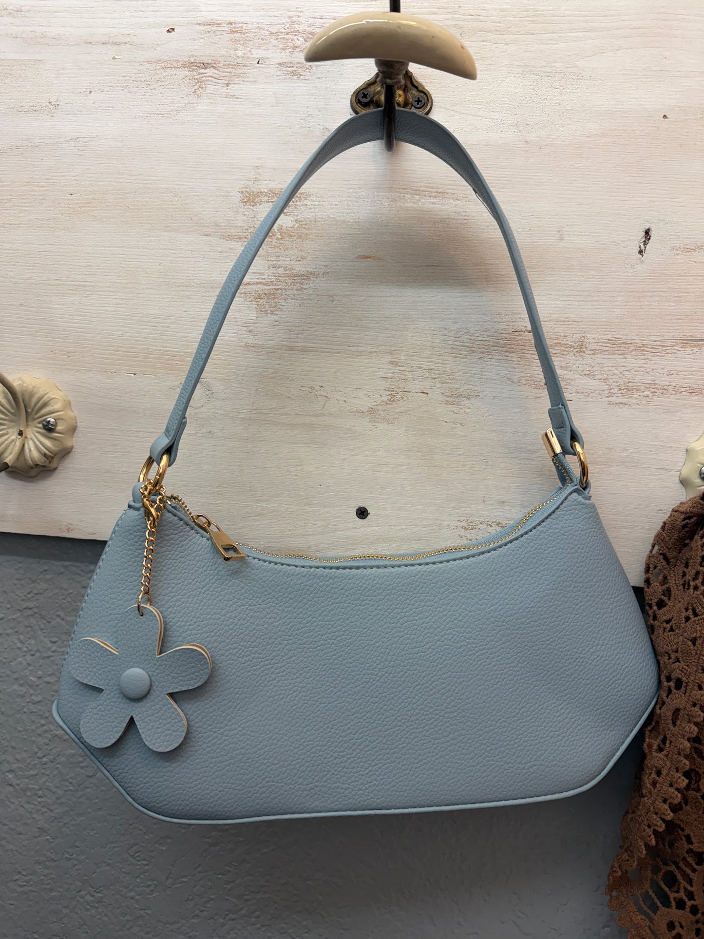 Blue Statement Shoulder Bag with Floral Charm