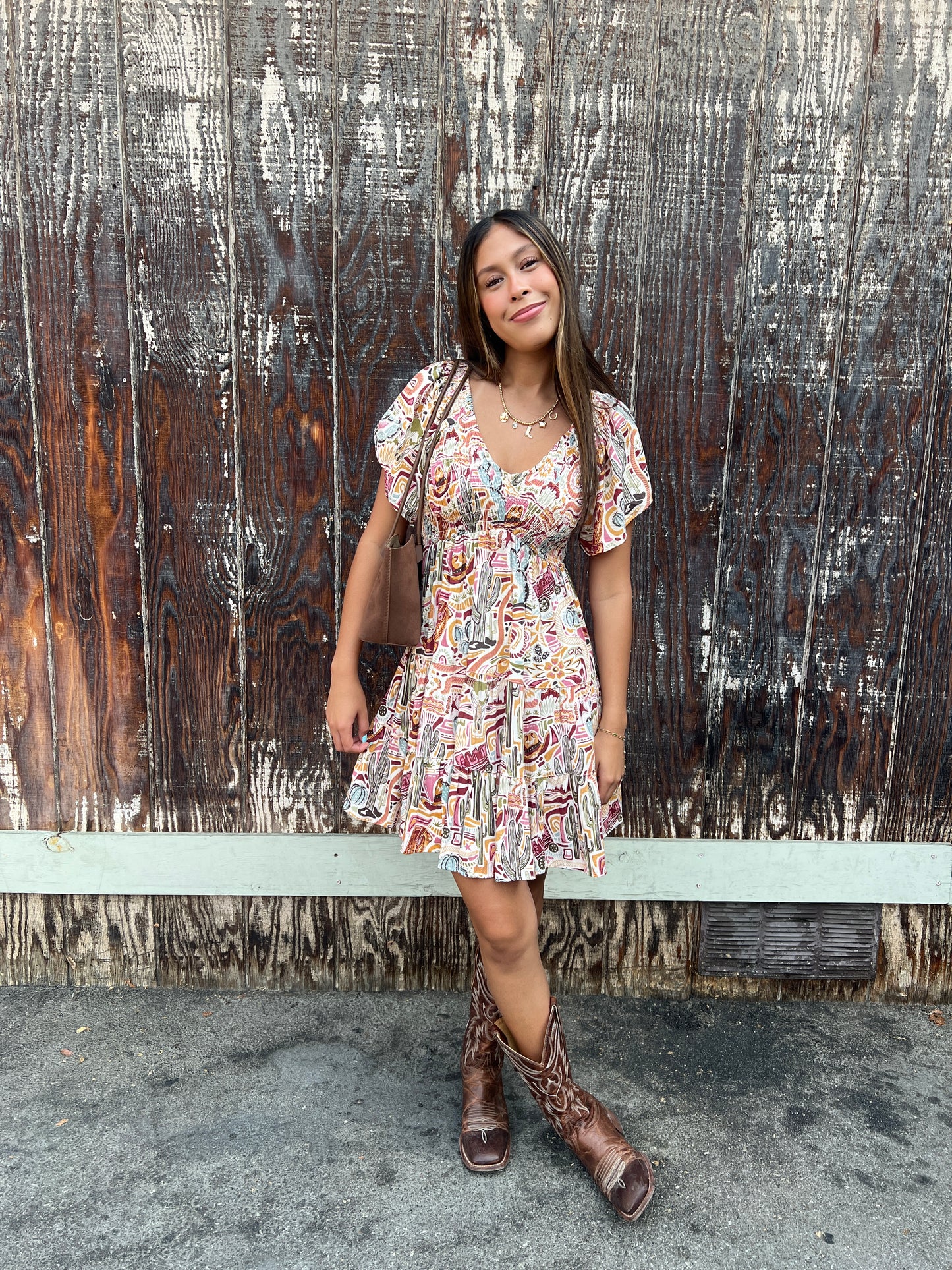 Cactus Print V Neck Smocked Bodice Dress