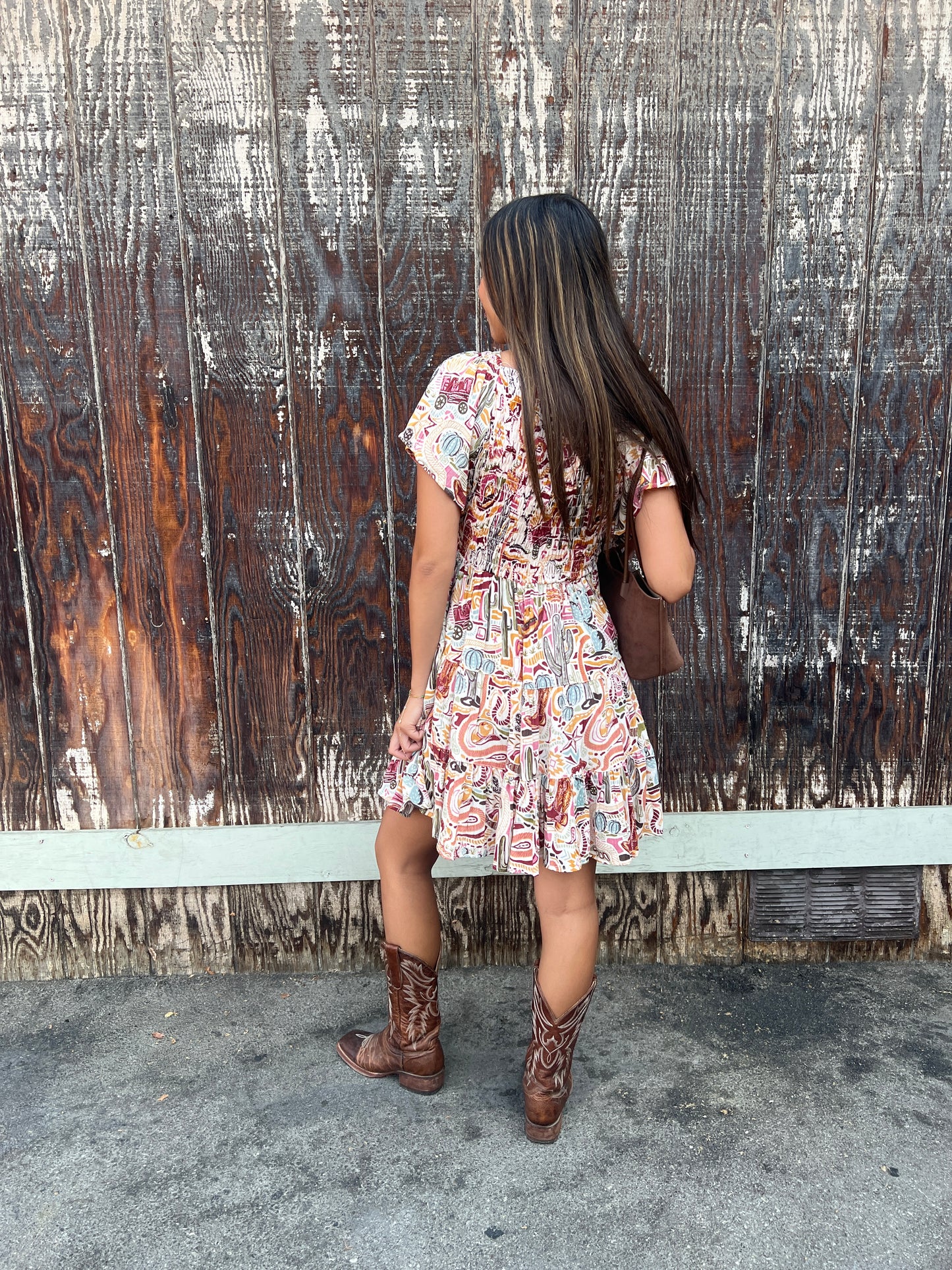 Cactus Print V Neck Smocked Bodice Dress