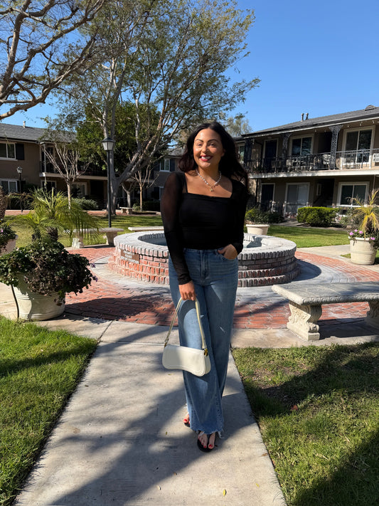 Sheer Sleeve Square Long Sleeve Top