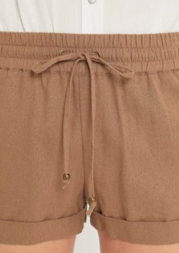 Linen Mid Rise Smocked Drawstring Shorts