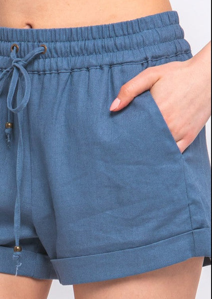 Linen Mid Rise Smocked Drawstring Shorts