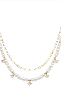 Glass Pearl Bead Oval Double Layered Necklace