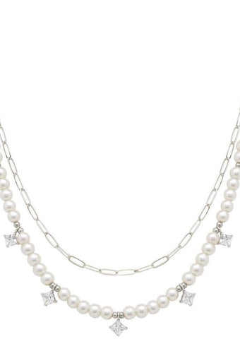 Glass Pearl Bead Oval Double Layered Necklace