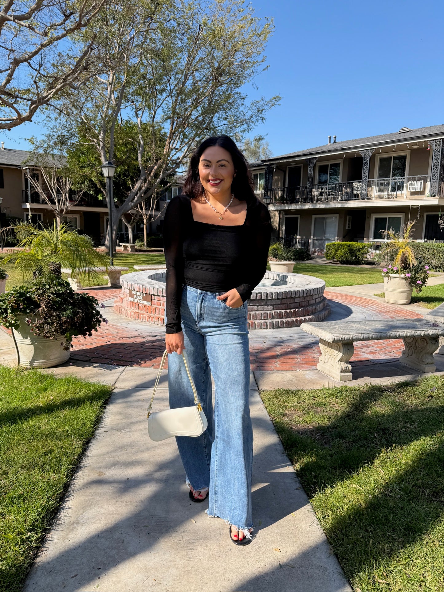 Sheer Sleeve Square Long Sleeve Top