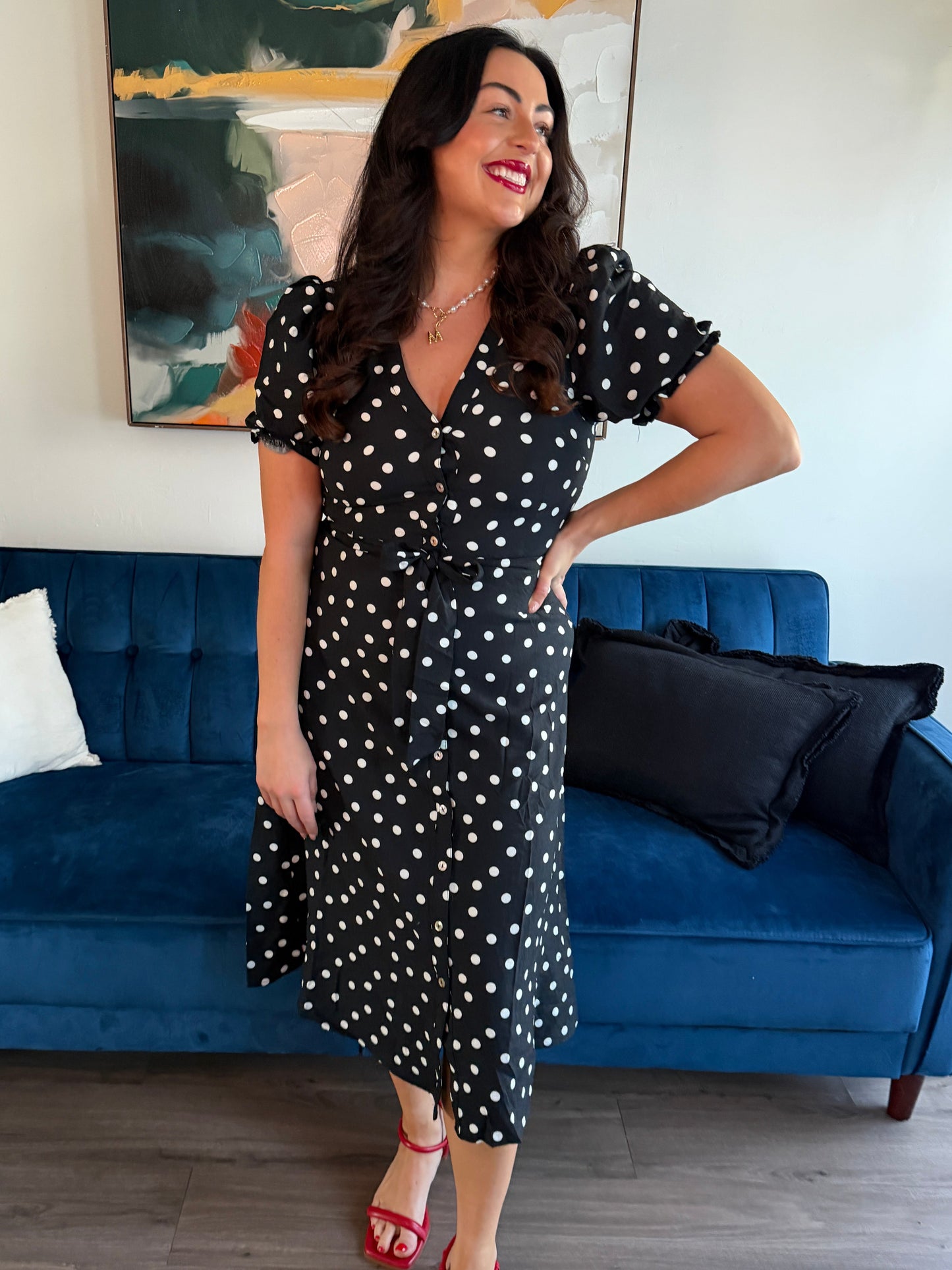 Polka Dot Button Front Midi Dress