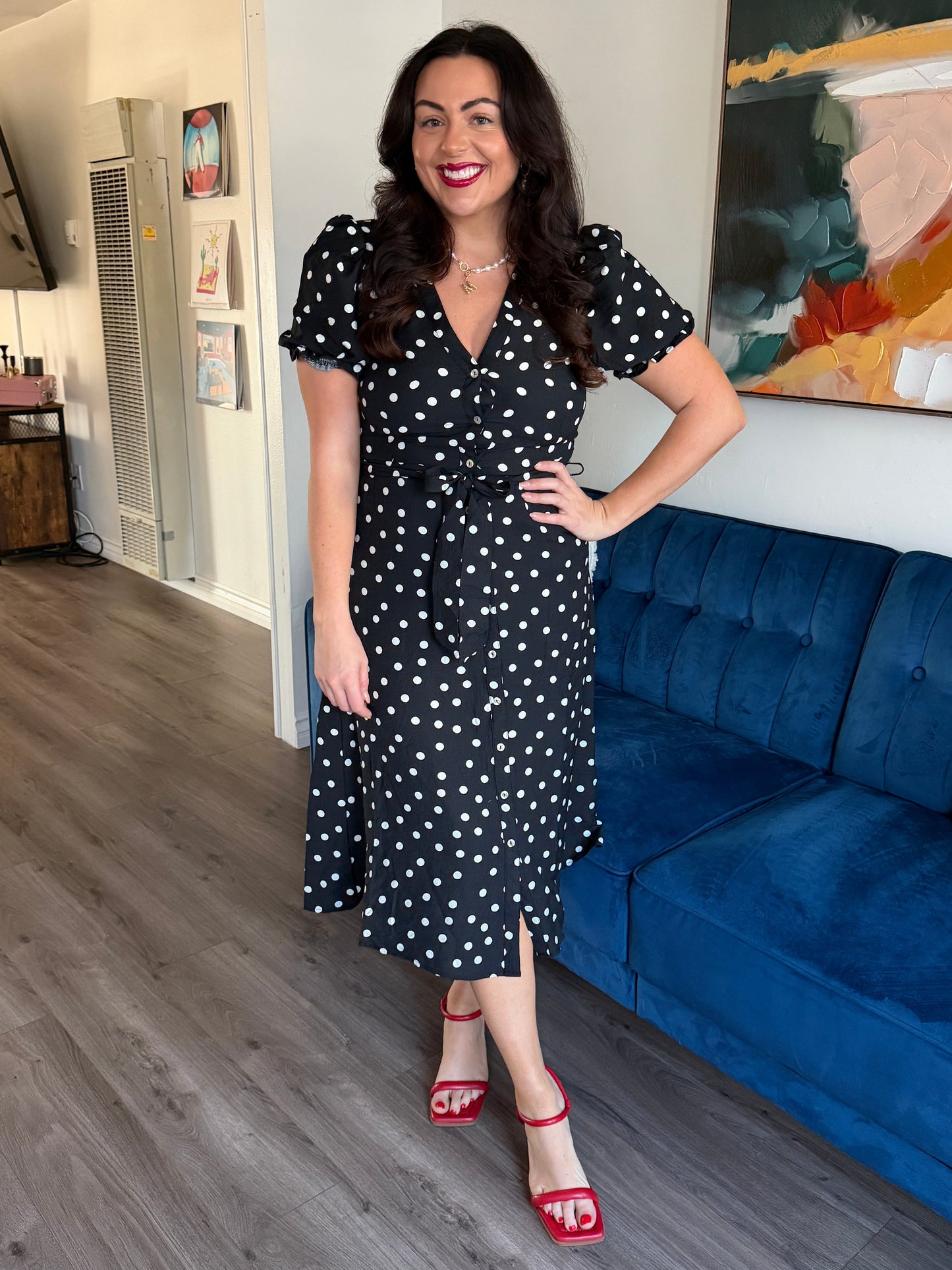 Polka Dot Button Front Midi Dress