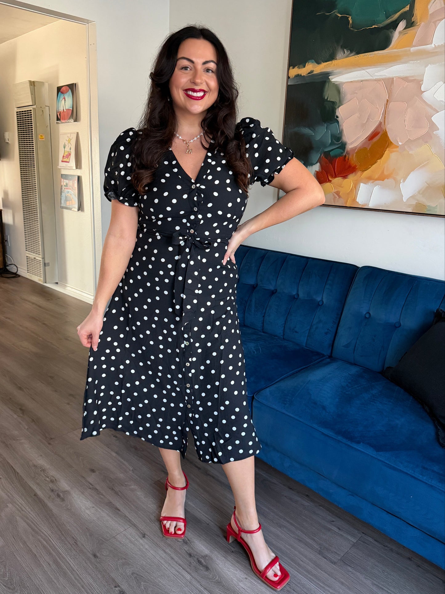 Polka Dot Button Front Midi Dress