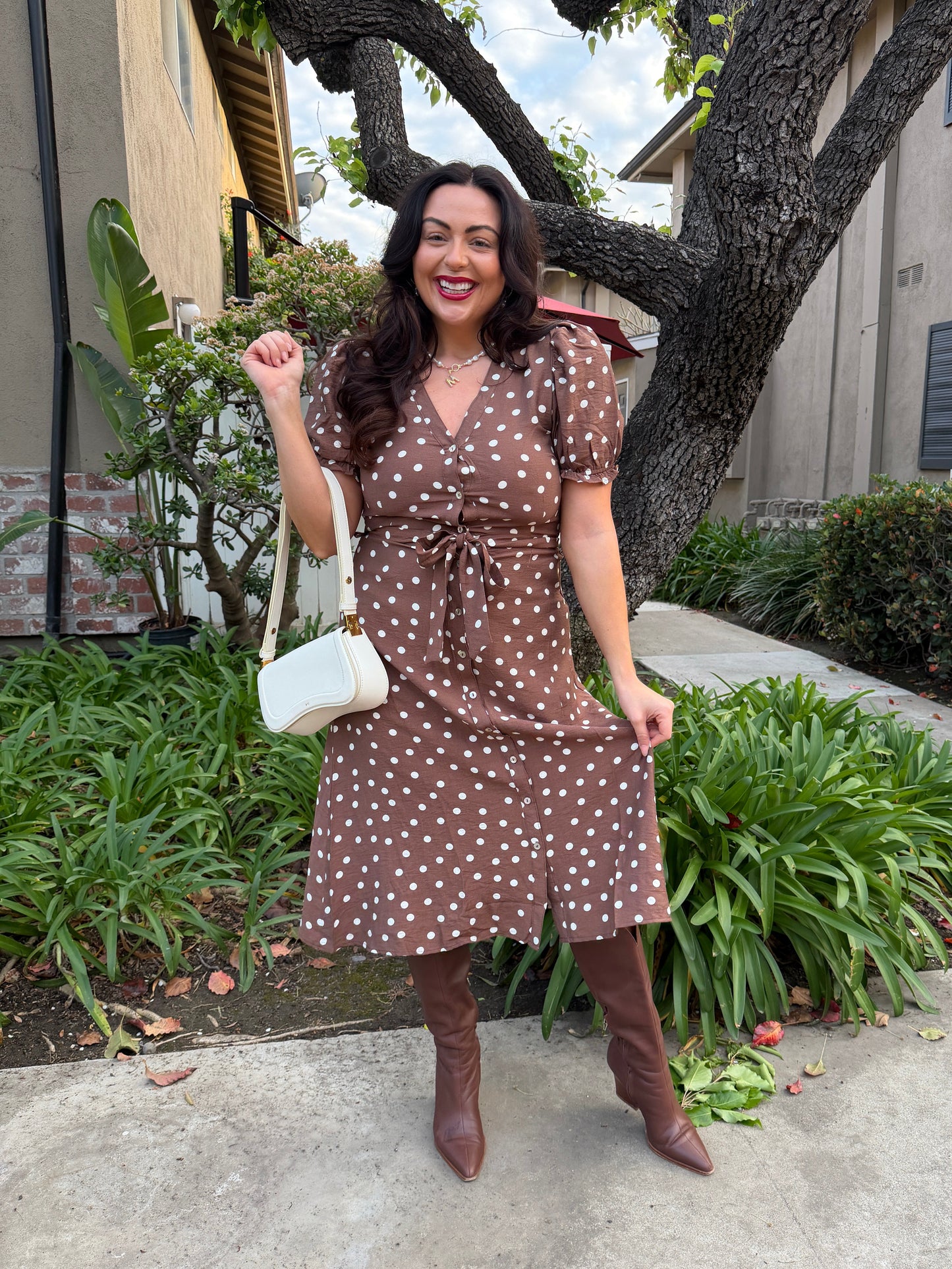 Polka Dot Button Front Midi Dress
