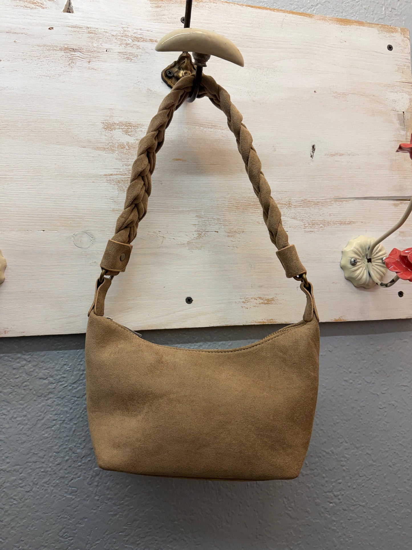 Beige Suede Curved Shoulder Bag