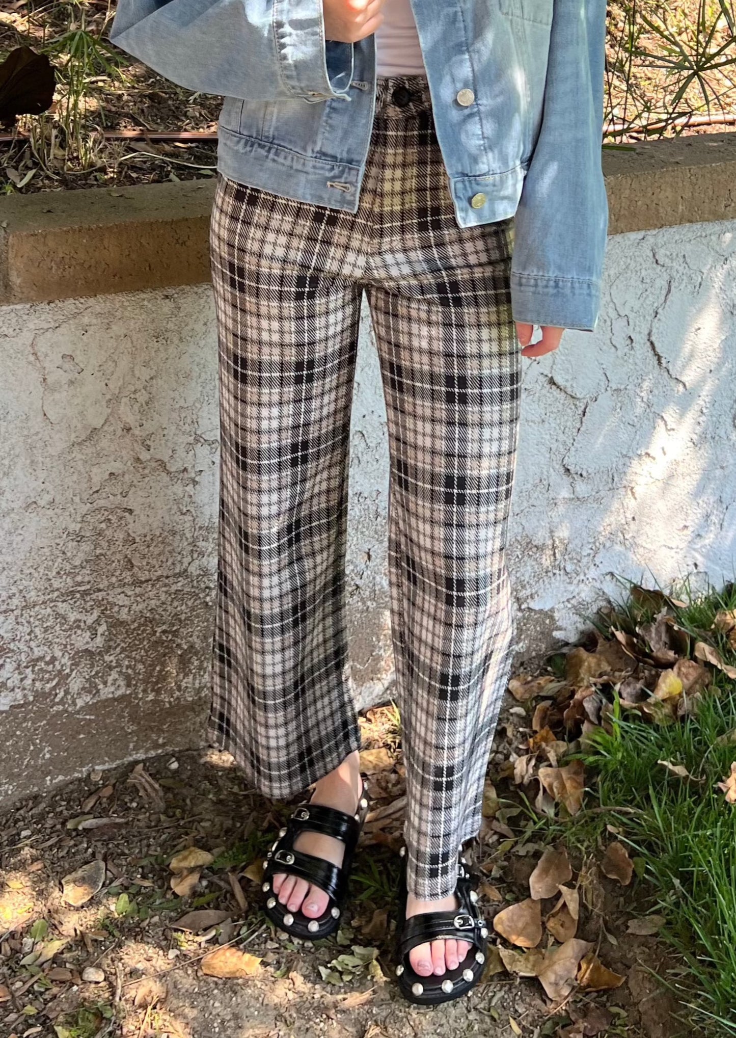 Plaid Knit Wide Leg Pant