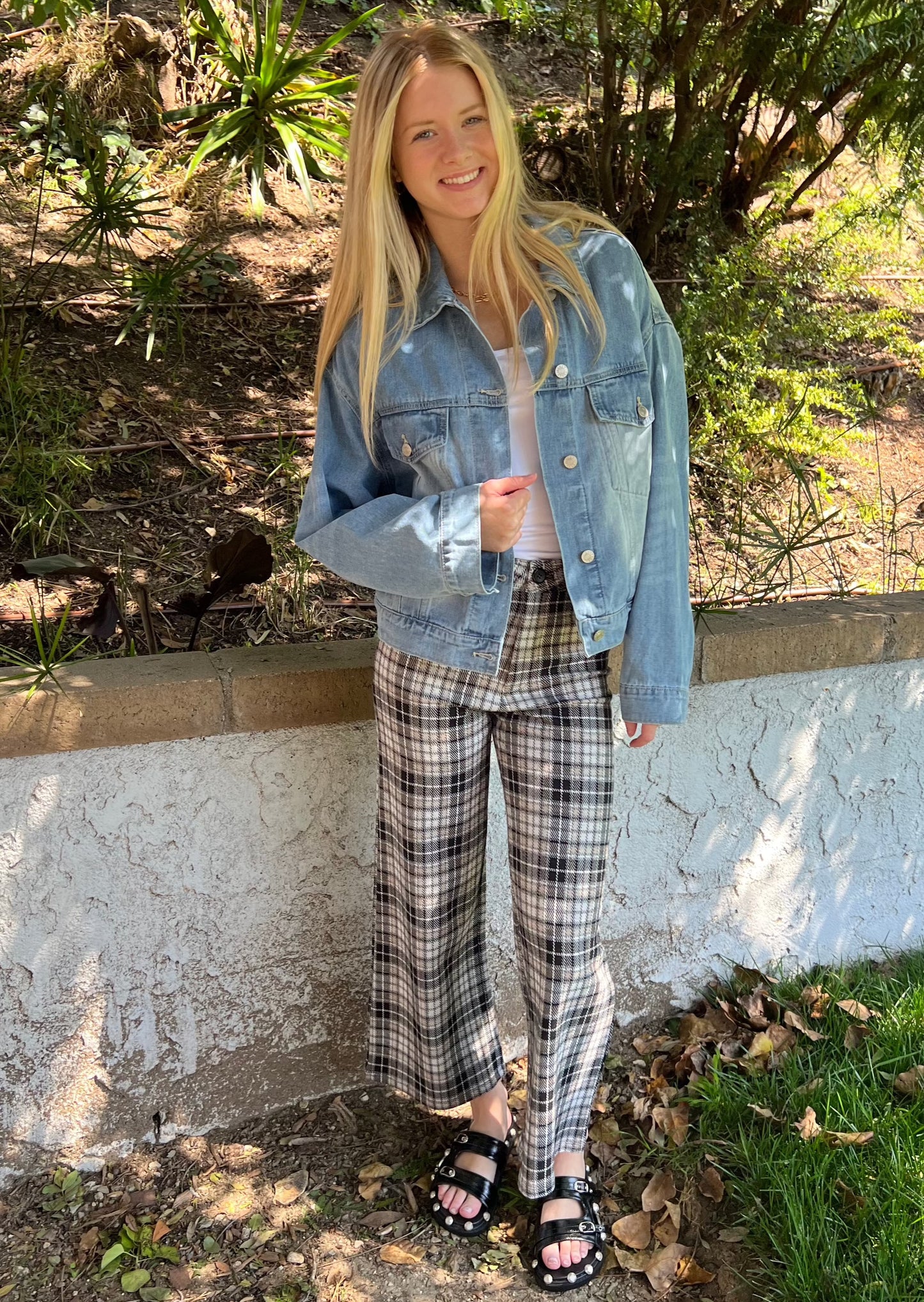 Plaid Knit Wide Leg Pant