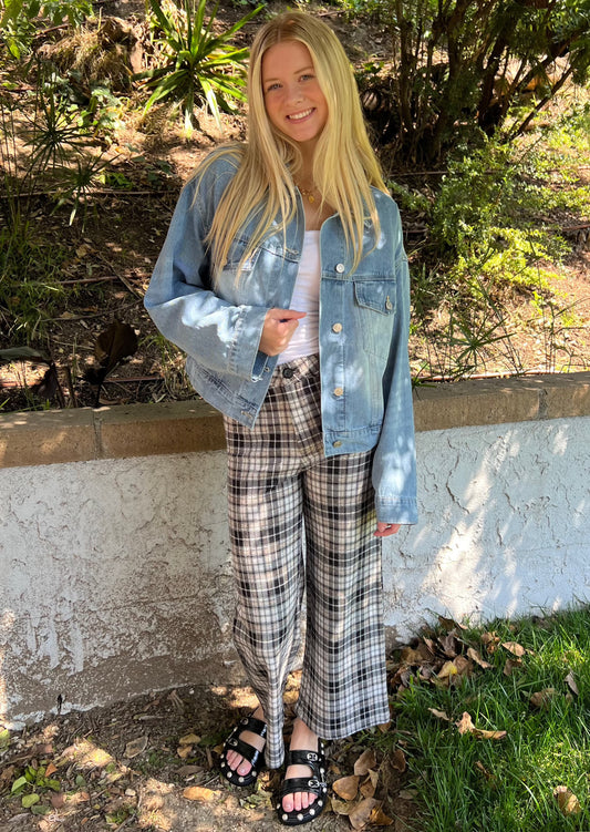 Plaid Knit Wide Leg Pant