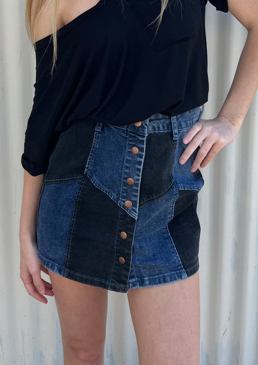 Color Blocked Denim Mini Skirt