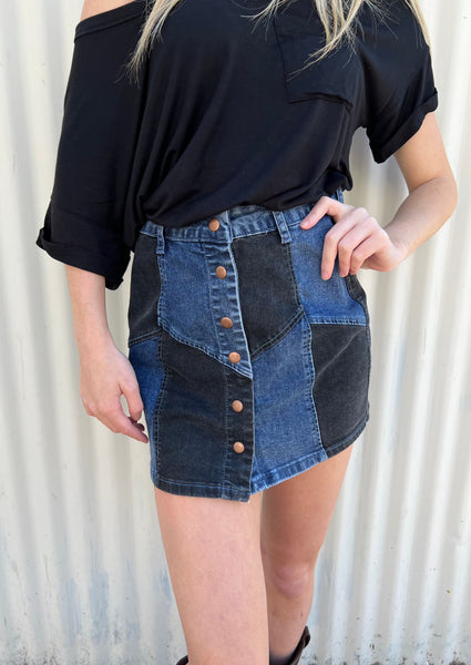 Color Blocked Denim Mini Skirt
