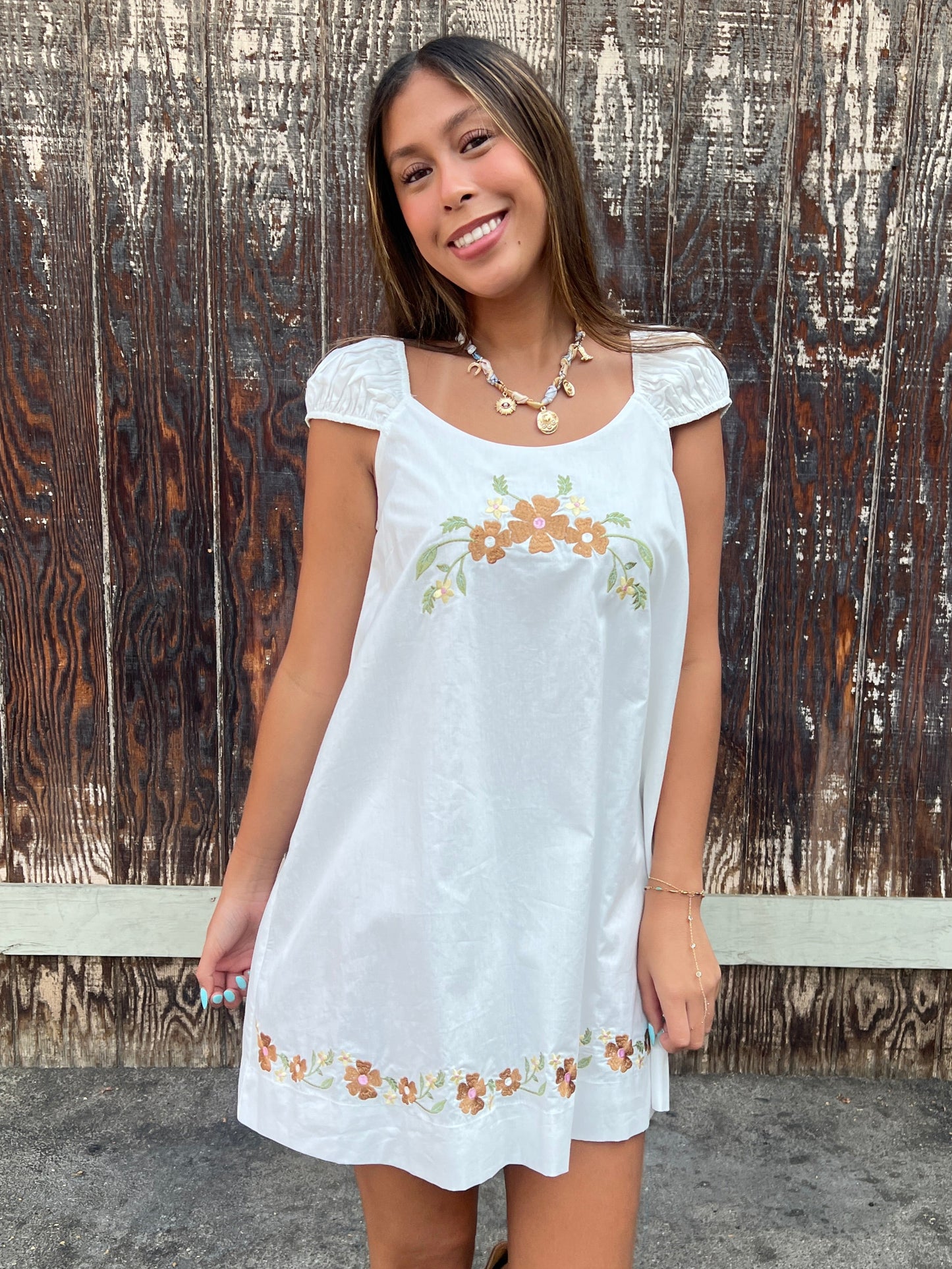 Floral Embroidered Puff Cap Sleeve Mini Dress