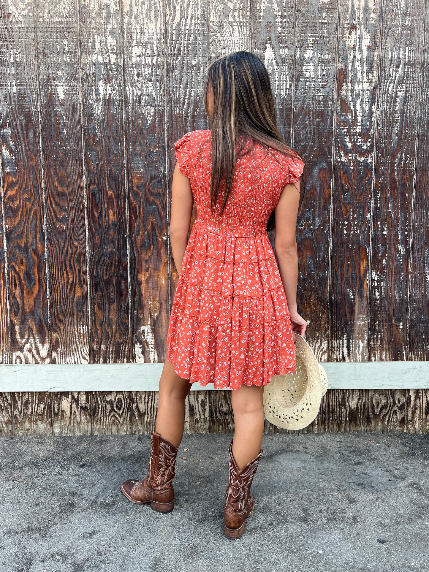 V Neck Smocked Bust Flutter Sleeve Tiered Dress