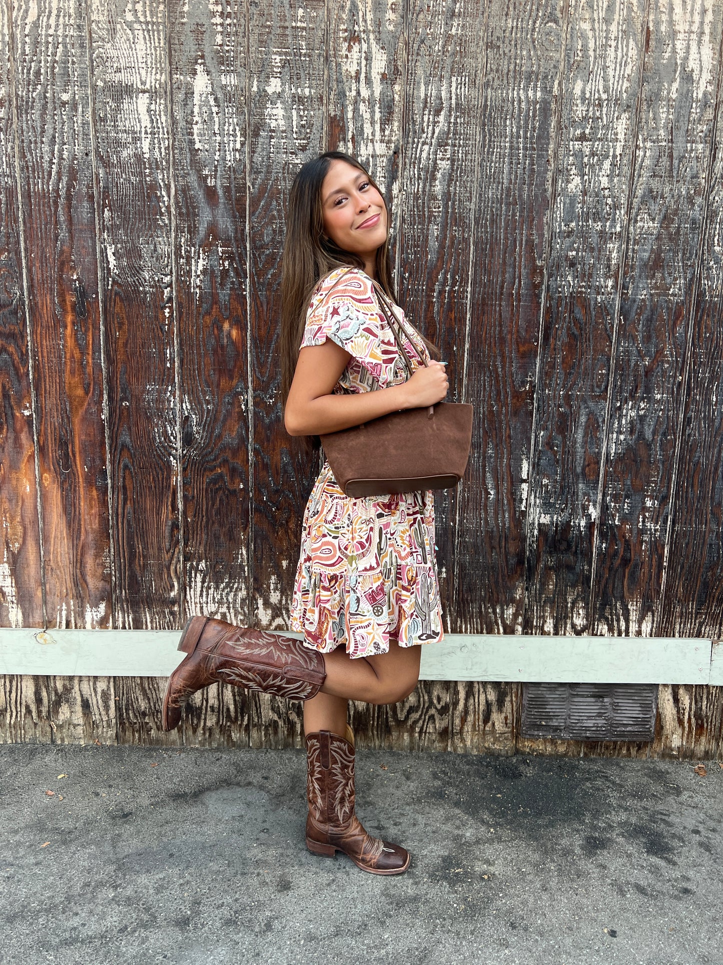 Cactus Print V Neck Smocked Bodice Dress