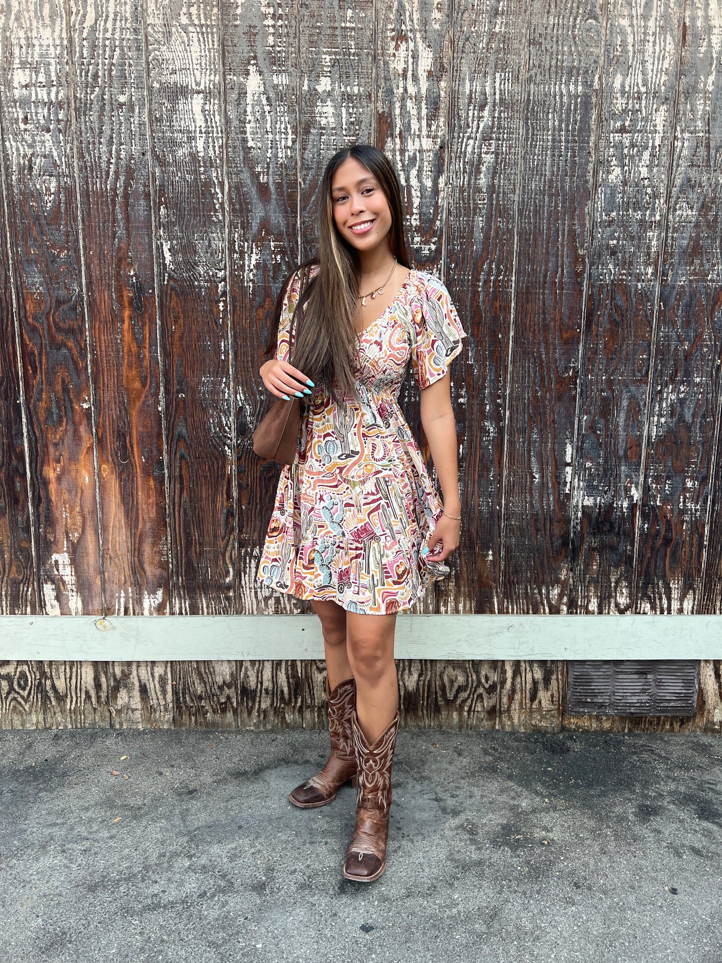 Cactus Print V Neck Smocked Bodice Dress