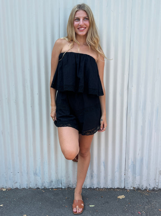 Strapless Flounce Romper with Pockets