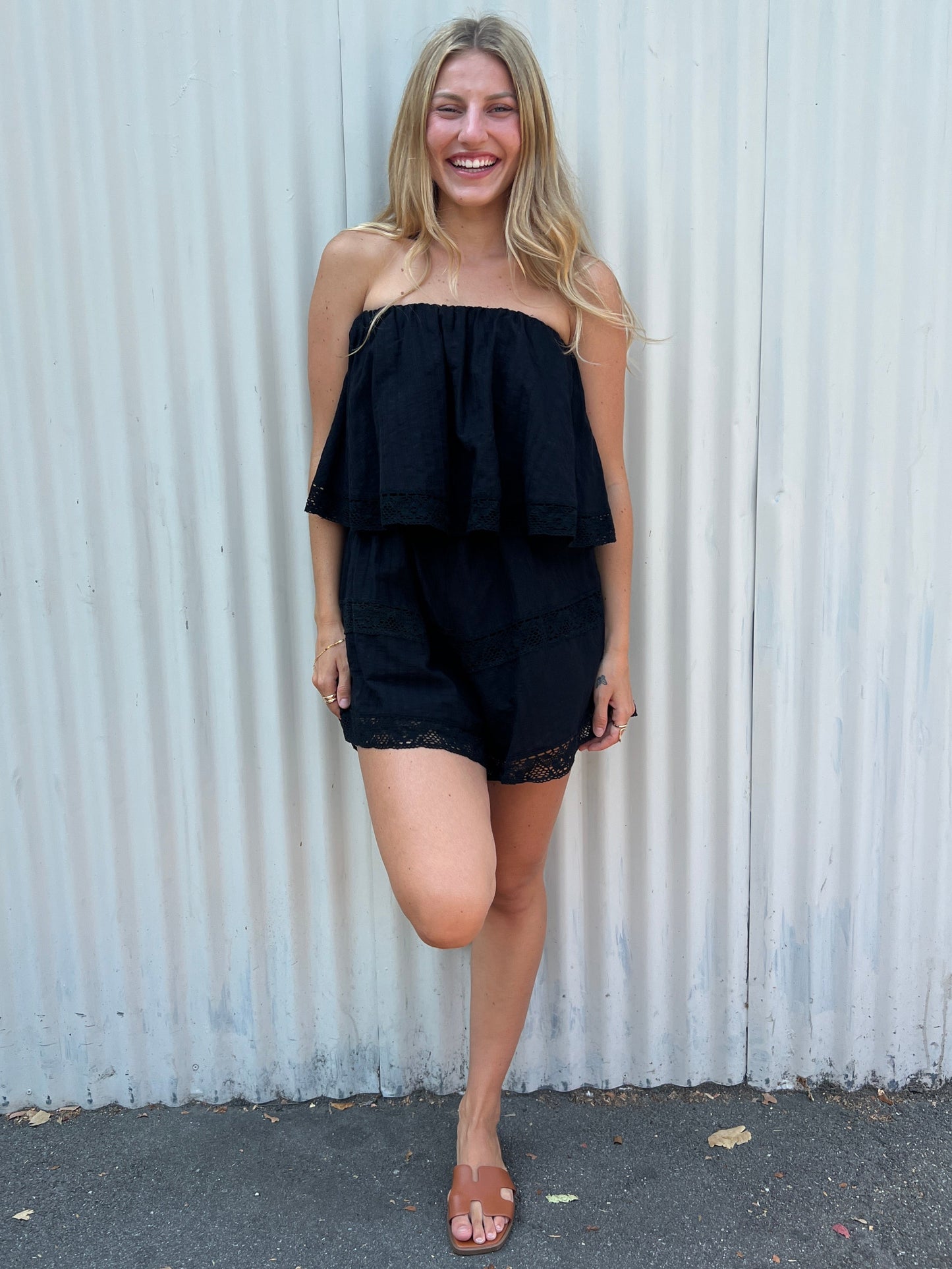 Strapless Flounce Romper with Pockets
