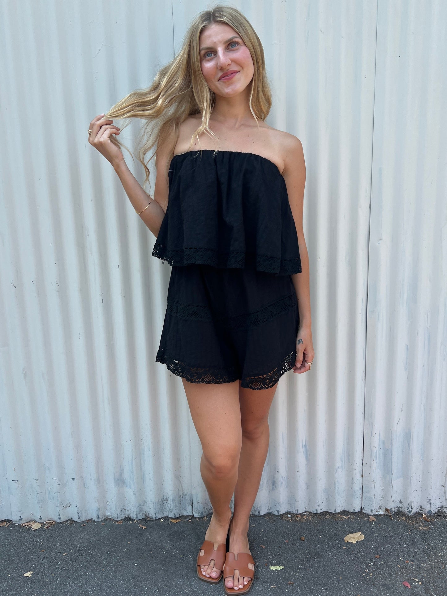 Strapless Flounce Romper with Pockets