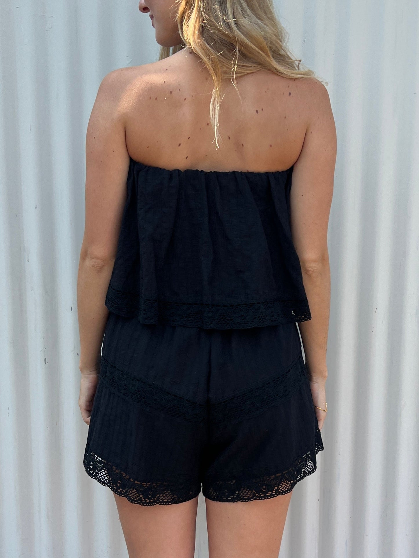Strapless Flounce Romper with Pockets