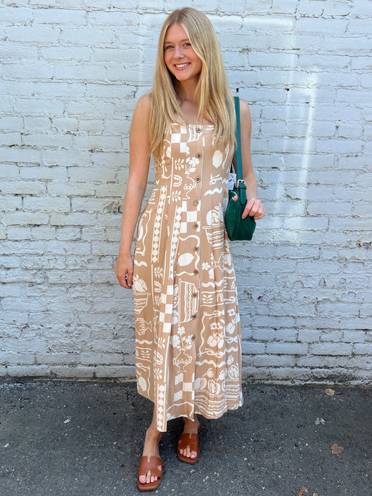 Fruit Doodle Square Neck Midi Dress