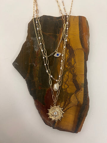 Triple Layer Evil Eye, Pearl, Sunshine Necklace