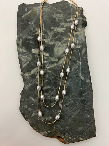 Gold Double Chain Pearl Necklace